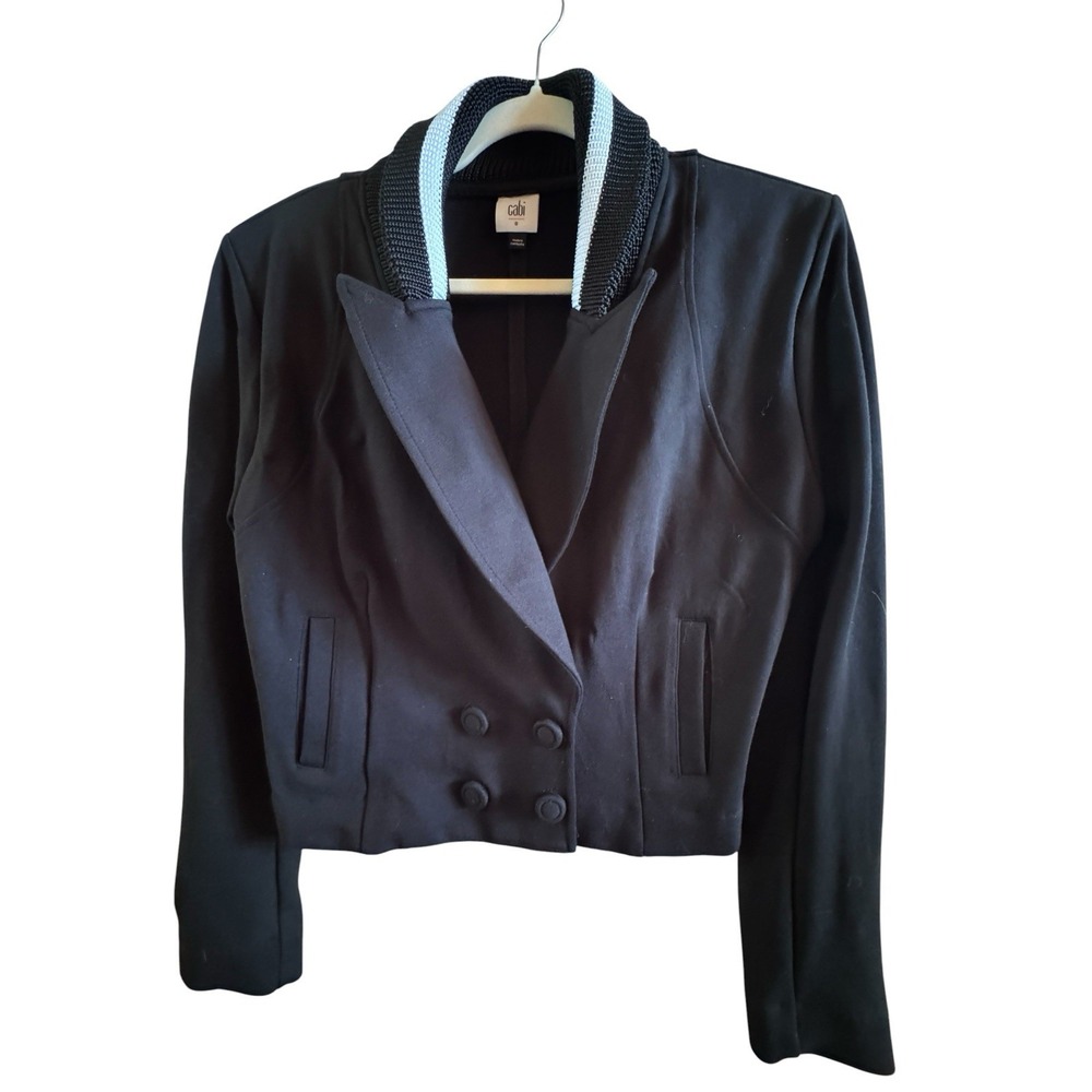 Cabi Black Tie Size 8 Cropped Woman's Double Breasted Ponte Knit Jacket Classy